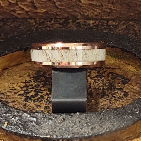 Engraved Men's Real Rose Gold Tungsten Wedding Ring -  Deer Antler Inlay 14K RG - Picture 3 of 7